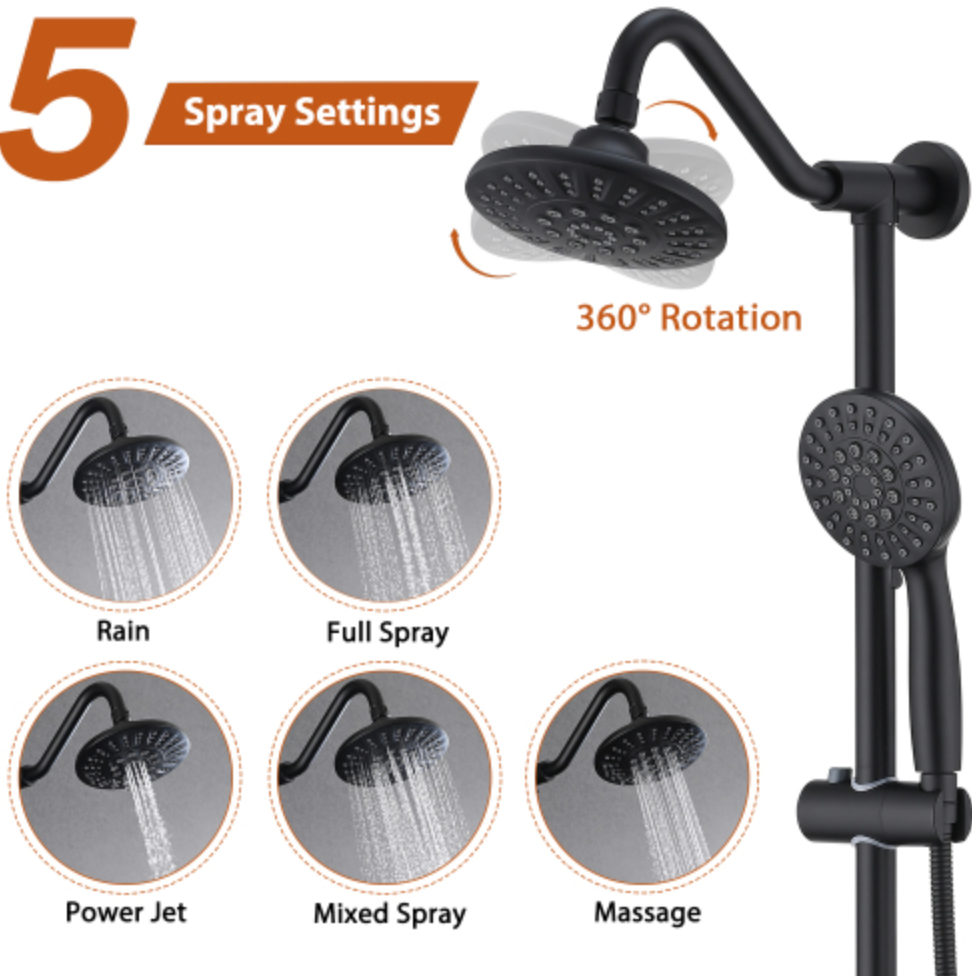 6" Matte Black Rain Shower Head With Handheld Shower Head Bathroom Rain Shower System Matte Black Stainless Steel