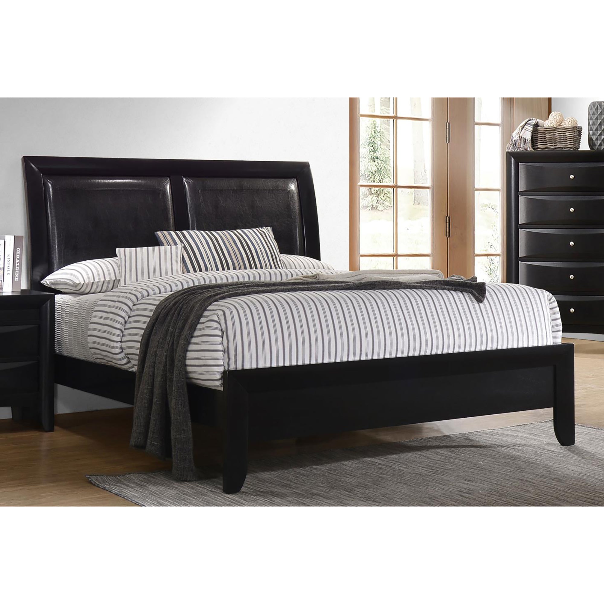 Black Upholstered Queen Panel Bed Box Spring Required Queen Black Wood Bedroom Contemporary,Modern Rubberwood Panel Foam Faux Leather Wood