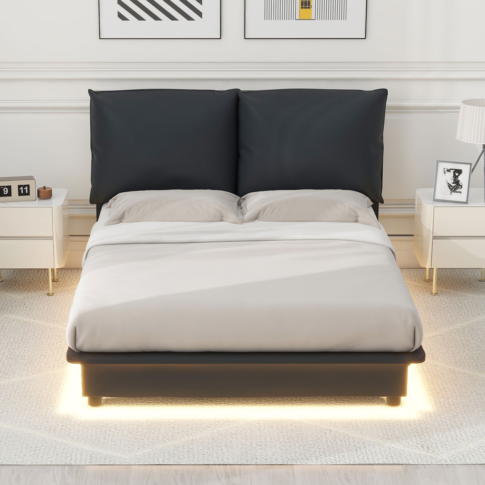 Full Size Upholstered Platform Bed With Sensor Light And Ergonomic Design Backrests, Black Black Upholstered