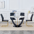 Table And Chair Set. 1 Table And 4 Chairs. Round Pandora Style Stone Burning Tabletop With Black Mdf Legs. Paired With 4 Chairs With Pu Black Cushions And Golden Legs.908 001 White Sintered Stone