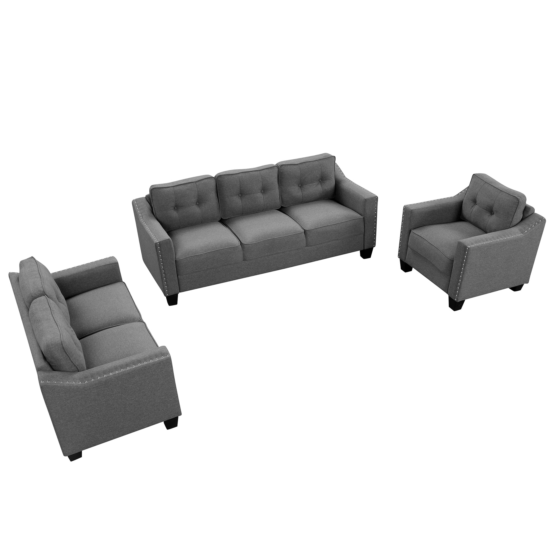 3 Piece Living Room Set With Tufted Cushions. Gray Linen