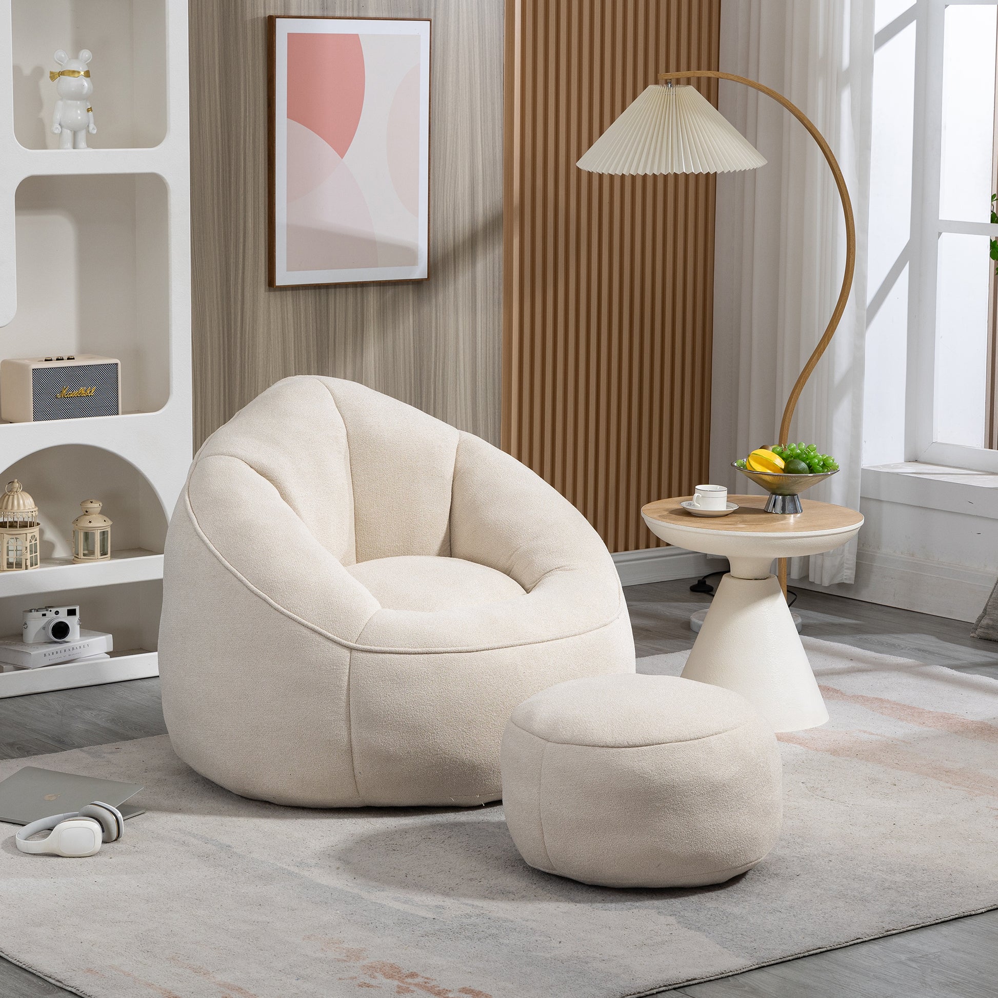 Bedding Bean Bag Sofa Chair High Pressure Foam Bean Bag Chair Adult Material With Padded Foam Padding Compressed Bean Bag With Footrest Beige Microfiber