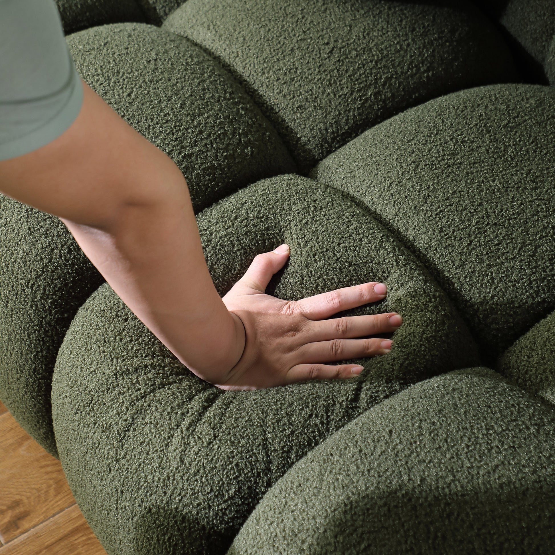 64.96 Length ,35.83" Deepth ,Human Body Structure For Usa People, Marshmallow Sofa,Boucle Sofa ,2 Seater, Olive Green Boucle Olive Green Light Brown Wood Primary Living Space Medium Soft Split Back Eucalyptus Rolled Arms Boucle 3 Seat