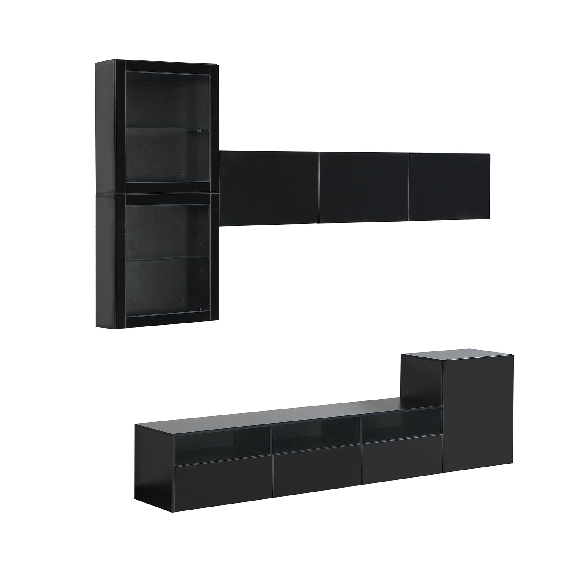 High Gloss Tv Stand With Large Storage Space, Media Console For Tvs Up To 78", Versatile Entertainment Center With Wall Mounted Floating Storage Cabinets For Living Room, Black Black Primary Living Space 70 79 Inches 70 79 Inches Mdf