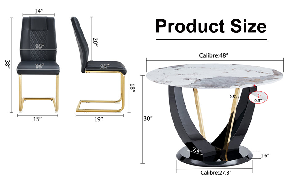 Table And Chair Set. 1 Table And 4 Chairs. Round Pandora Style Stone Burning Tabletop With Black Mdf Legs. Paired With 4 Chairs With Pu Black Cushions And Golden Legs.908 001 White Sintered Stone