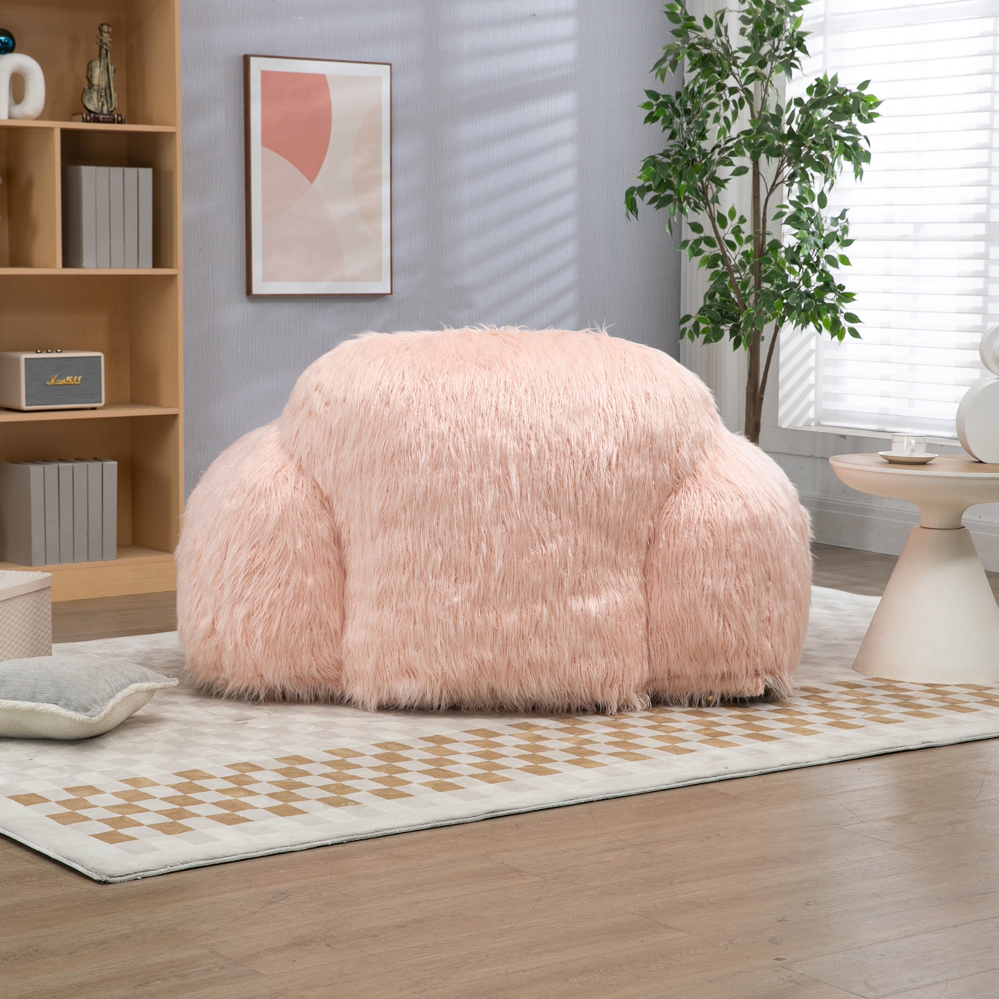Bean Bag Chair Lazy Long Hair Sofa Bean Bag Chair Adult, Teen High Density Foam Filled Modern Focus Chair Comfortable Living Room, Bedroom Chair Pink Faux Fur