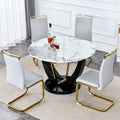 Table And Chair Set. 1 Table And 4 Chairs. Round Pandora Style Stone Burning Tabletop With Black Mdf Legs. Paired With 4 Chairs With Pu Light Gray Cushions And Golden Legs.908 1162 White Sintered Stone