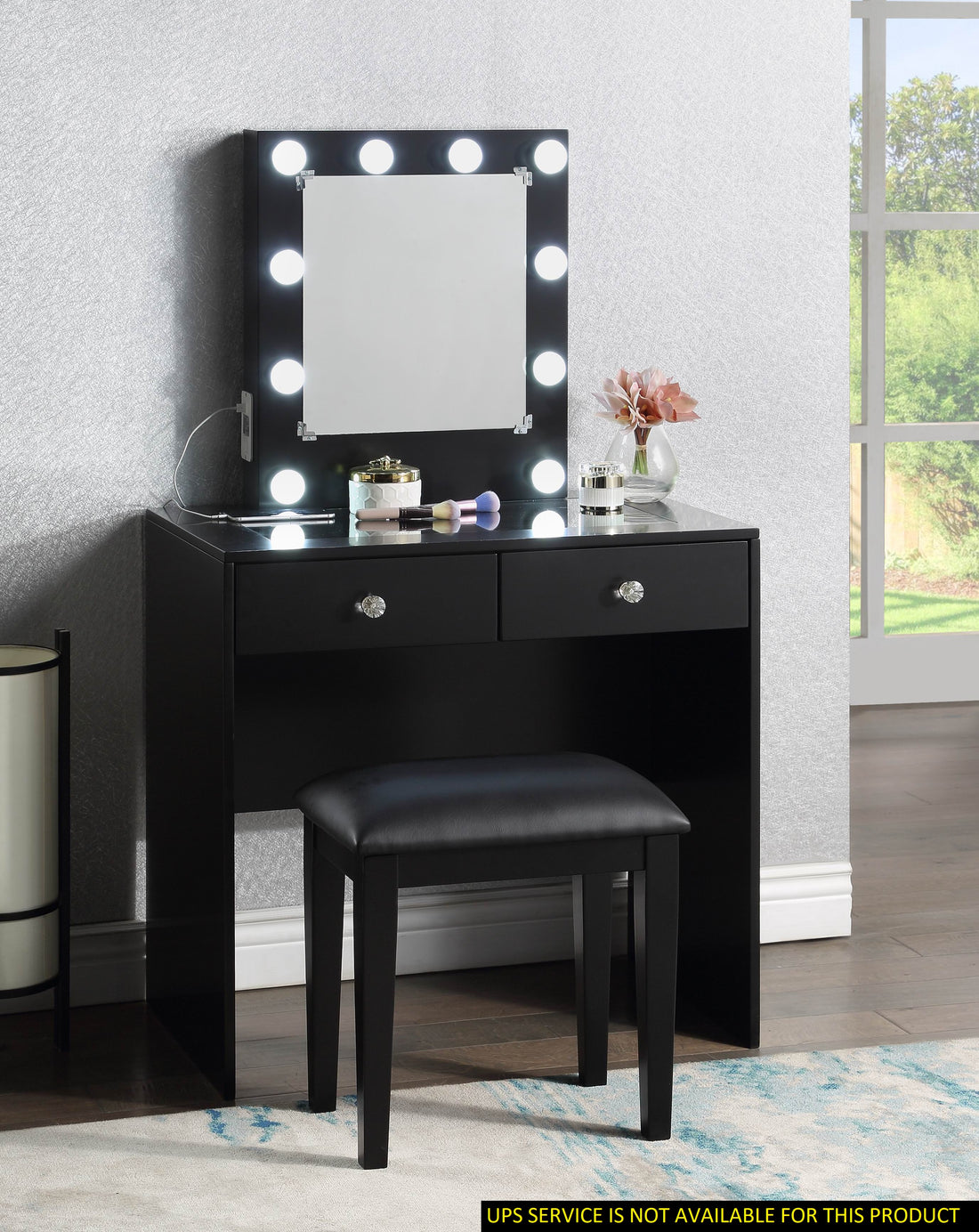 Black Makeup Vanity And Stool Set With 10 Lights And Usb Port And Power Outlet, 2X Drawers Luxurious Style Furniture Black Drawer 2 Drawers Bedroom Luxury,Modern Wood