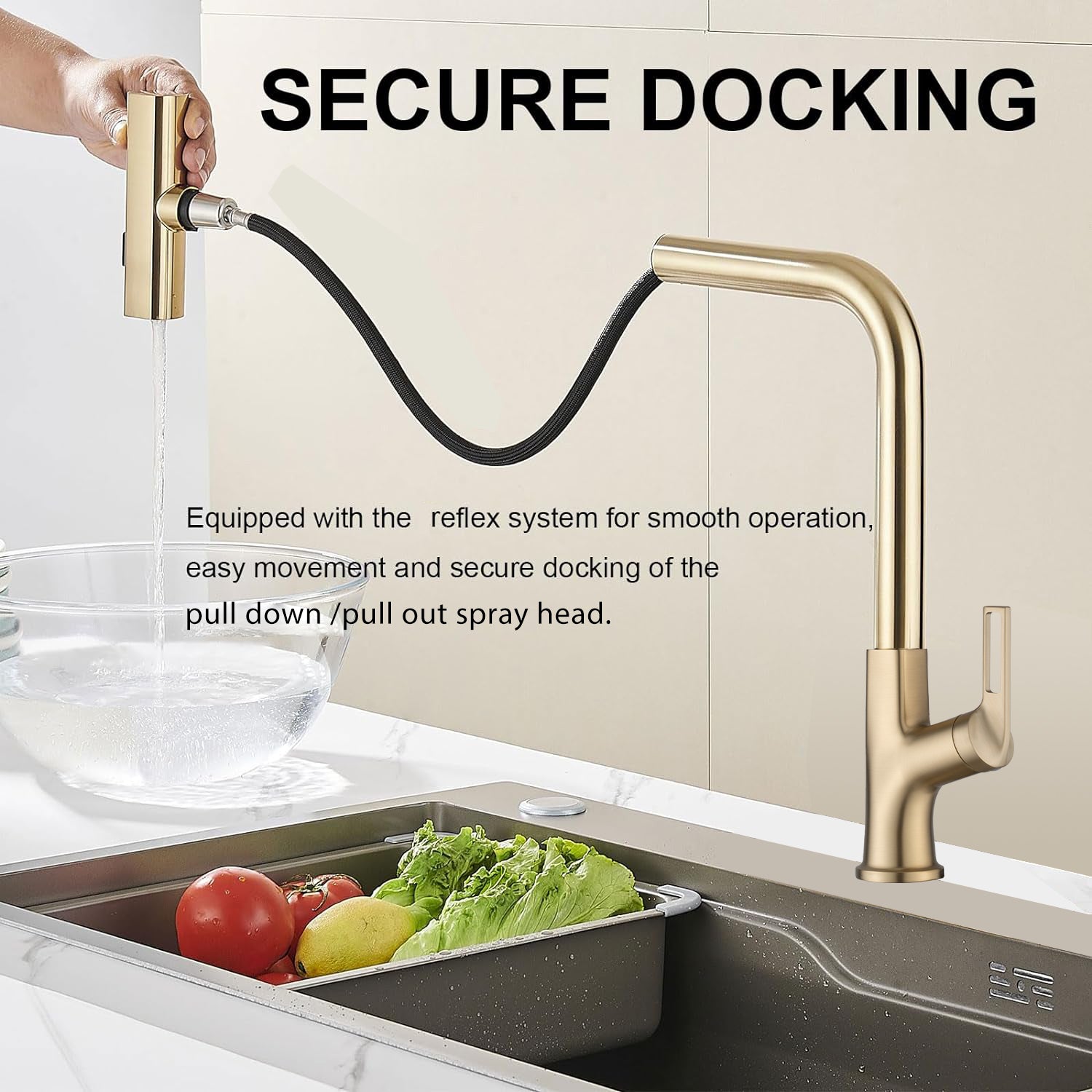 JIEBAO Gold Pull Out Kitchen Faucet – Low Pressure 360° Swivel Sink Tap With Brushed Finish