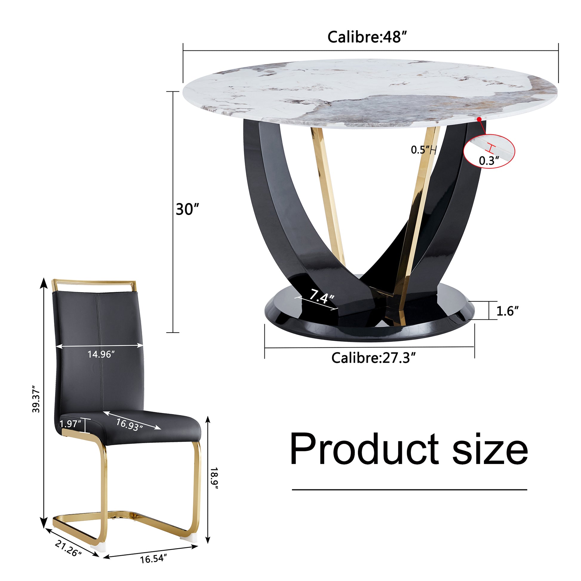 Table And Chair Set. 1 Table And 4 Chairs. Round Pandora Style Stone Burning Tabletop With Black Mdf Legs. Paired With 4 Chairs With Pu Black Cushions And Golden Legs.908 1162 White Sintered Stone