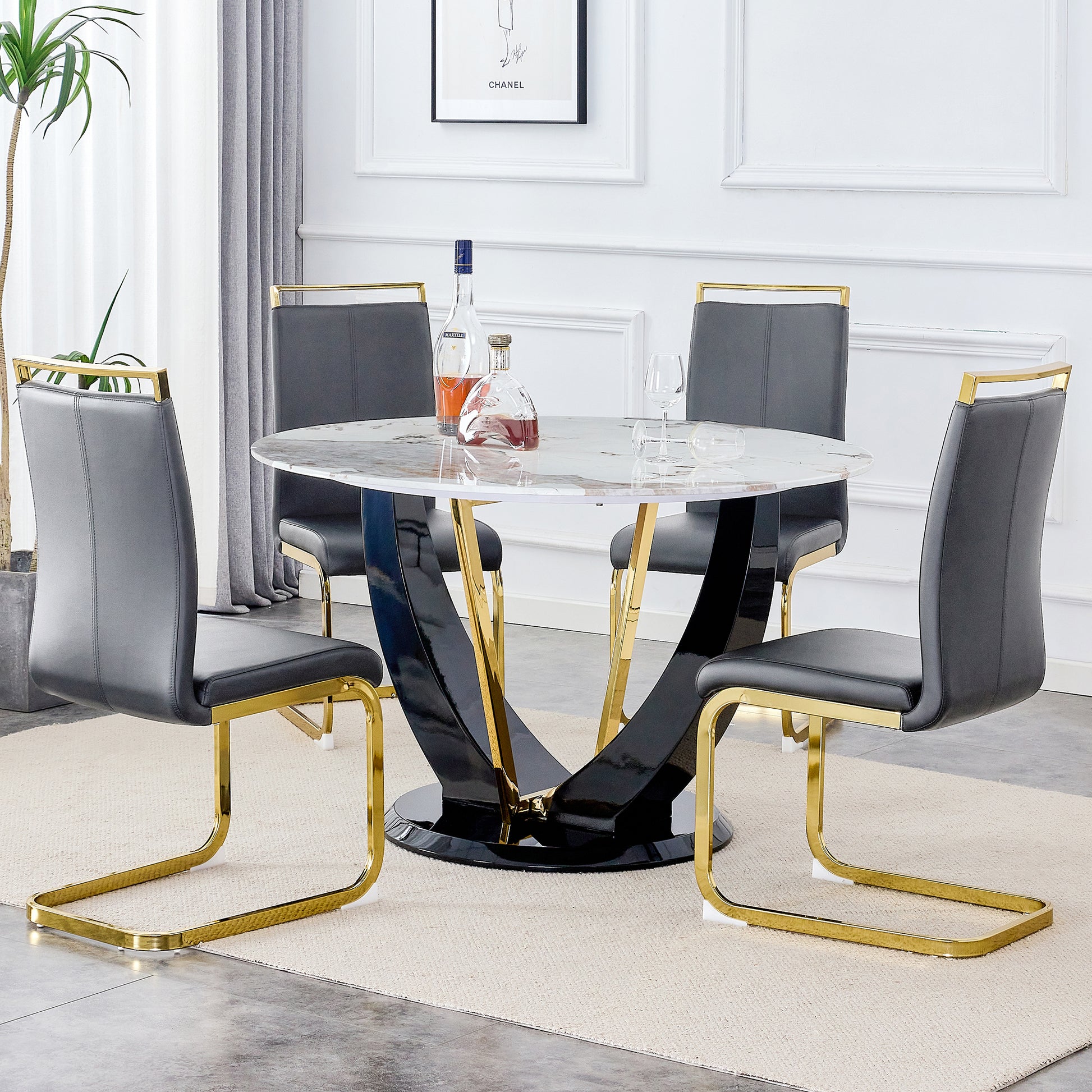 Table And Chair Set. 1 Table And 4 Chairs. Round Pandora Style Stone Burning Tabletop With Black Mdf Legs. Paired With 4 Chairs With Pu Dark Gray Cushions And Golden Legs.908 1162 White Sintered Stone