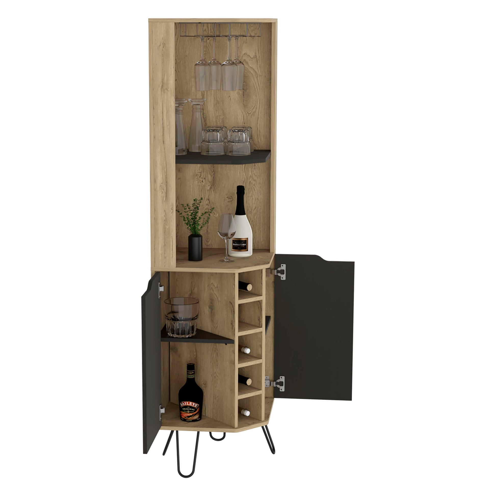 Corner Bar Cabinet Leverkusen, Living Room, Aged Oak Black Multicolor Particle Board Particle Board