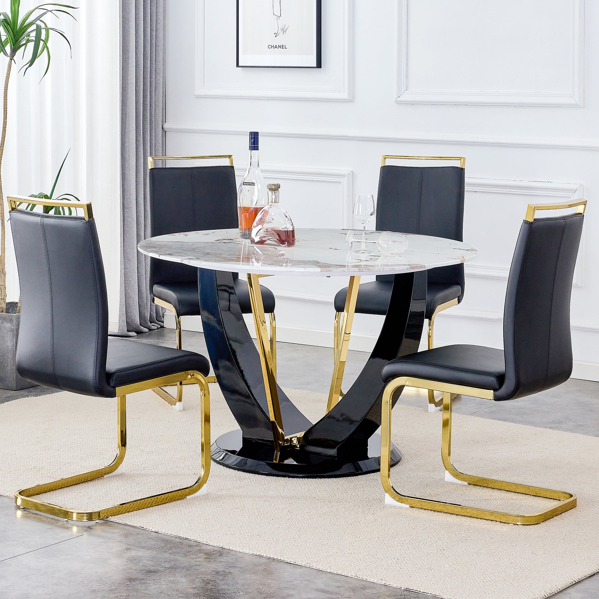 Table And Chair Set. 1 Table And 4 Chairs. Round Pandora Style Stone Burning Tabletop With Black Mdf Legs. Paired With 4 Chairs With Pu Black Cushions And Golden Legs.908 1162 White Sintered Stone