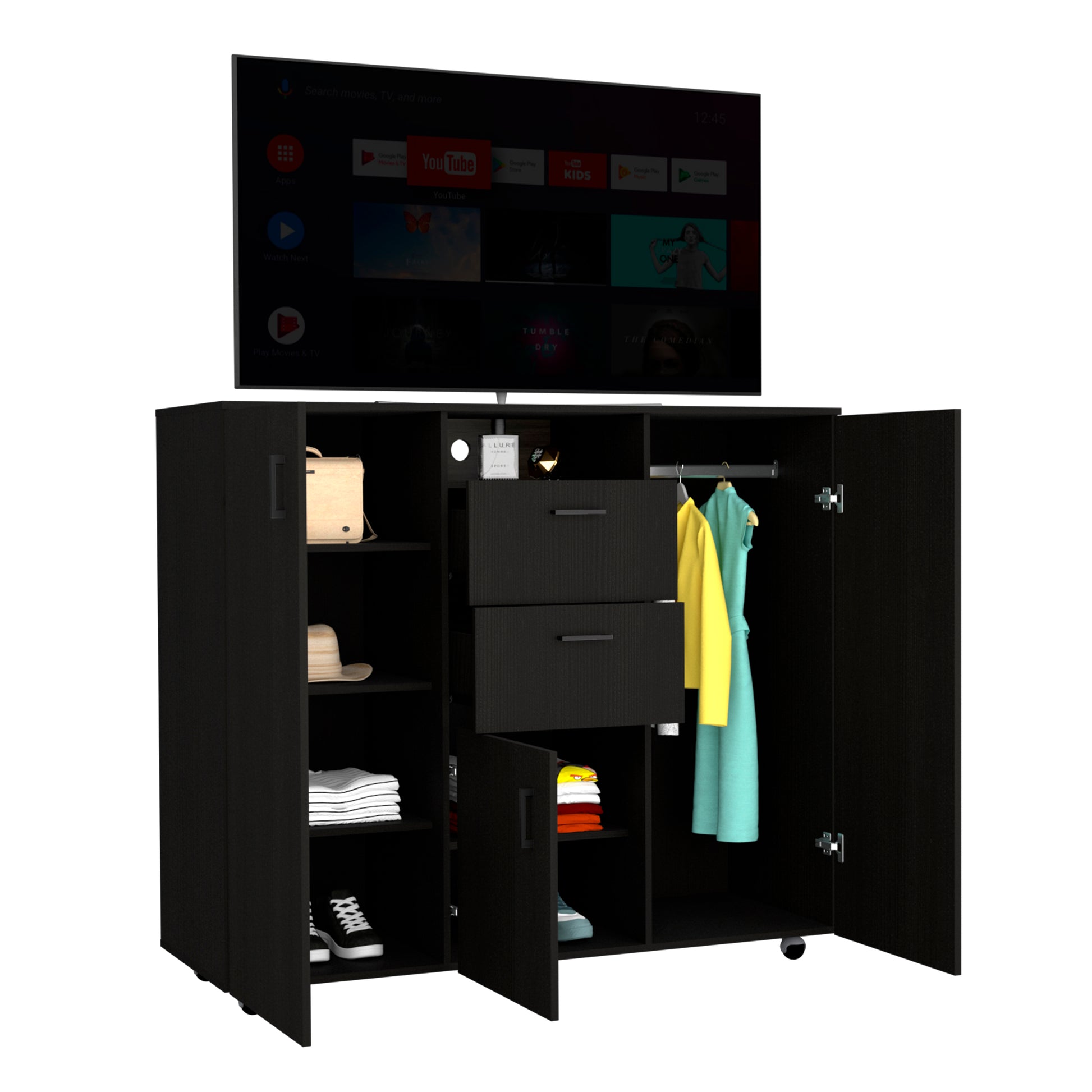 Double Door Cabinet Dresser Quizz, Bedroom, Black Black Particle Board Particle Board