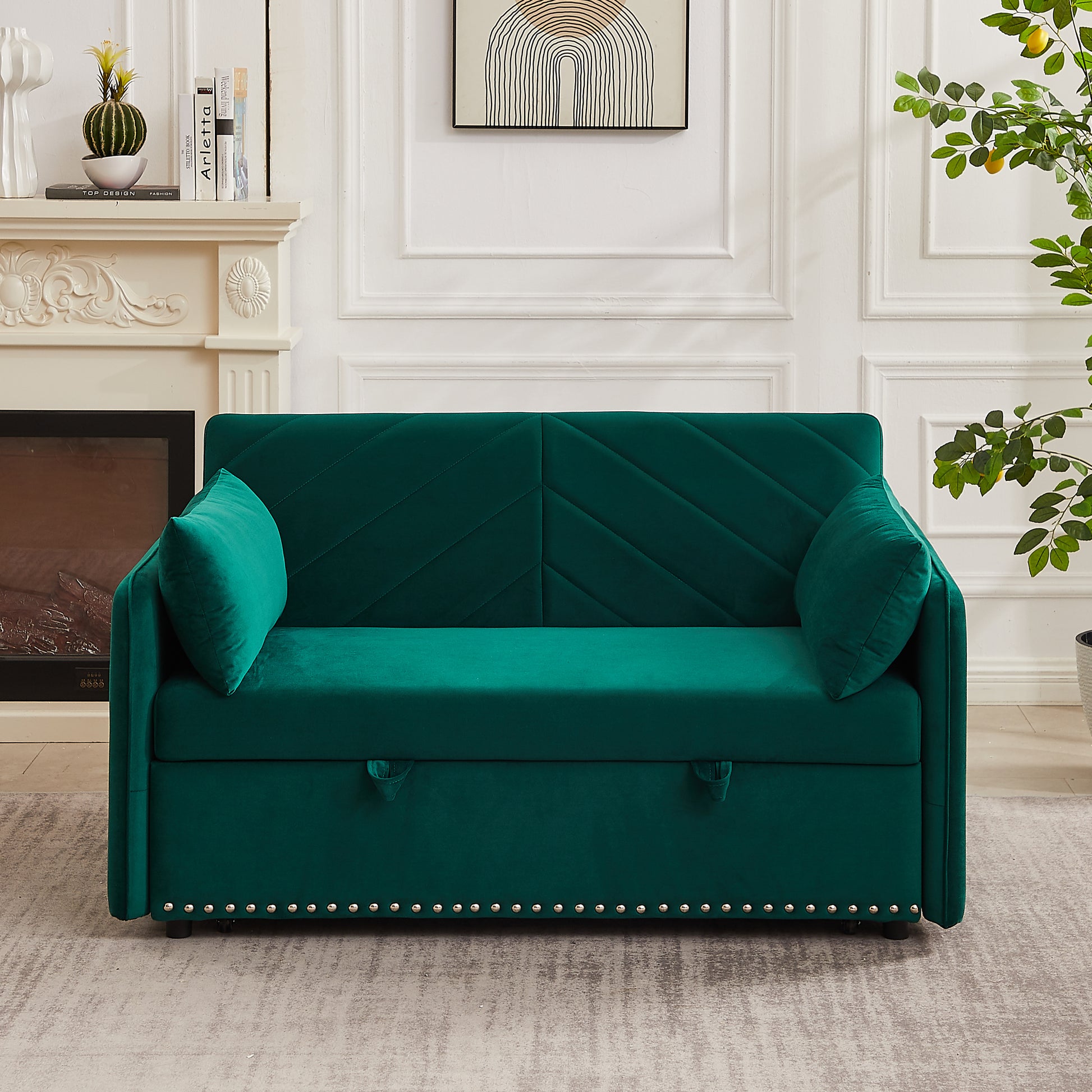 Mh" Sleeper Sofa Bed W Usb Port, 3 In 1 Adjustable Sleeper With Pull Out Bed, 2 Lumbar Pillows And Side Pocket, Soft Velvet Convertible Sleeper Sofa Bed, Suitable For Living Room Bedroom Green Velvet Pine Foam Velvet 2 Seat