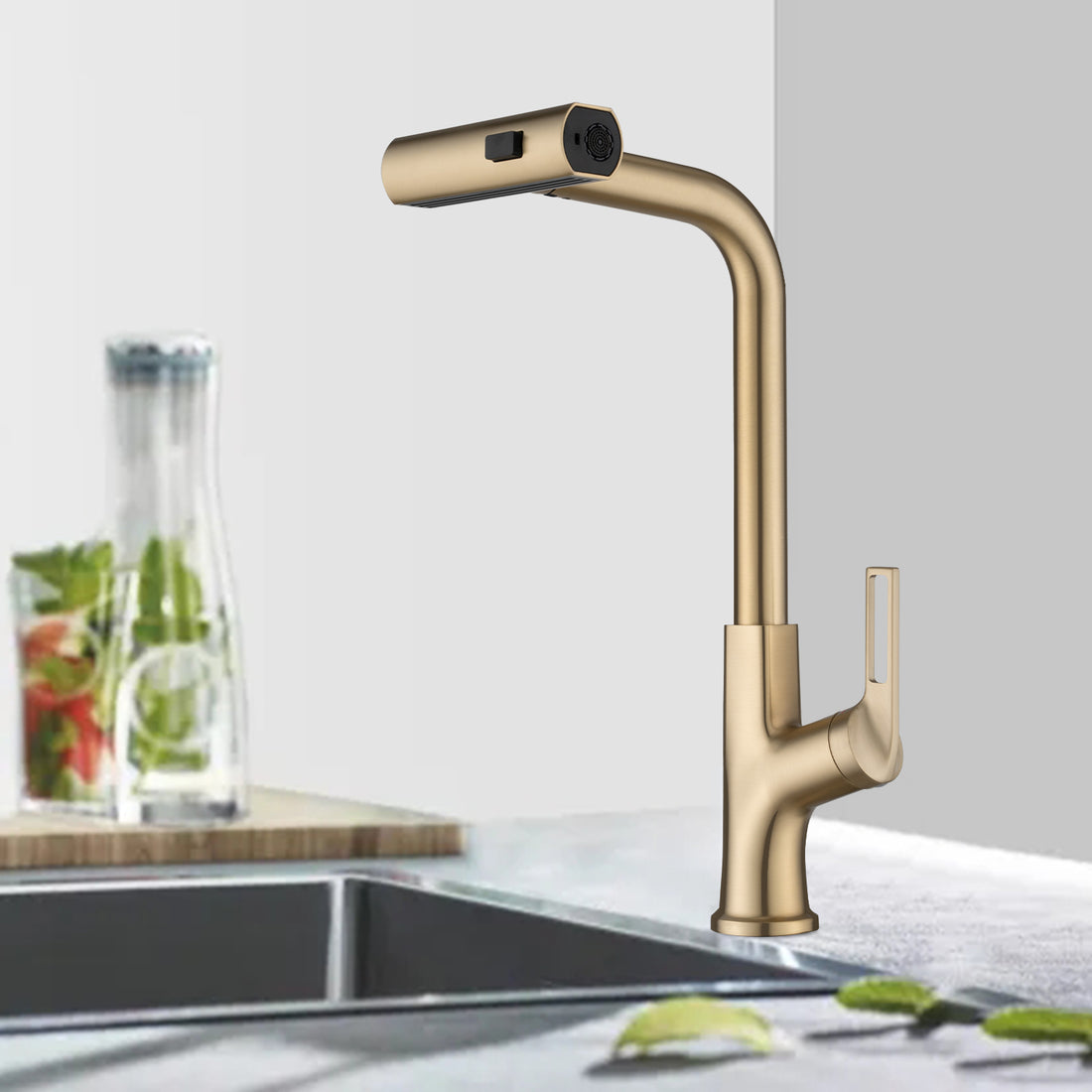 Brushed Gold Kitchen Waterfall Faucet With Pull Down Sprayer, Single Handle Kitchen Sink Faucet With Pull Out Sprayer, 360 Rotating Kitchen Faucet Brushed Gold Zinc