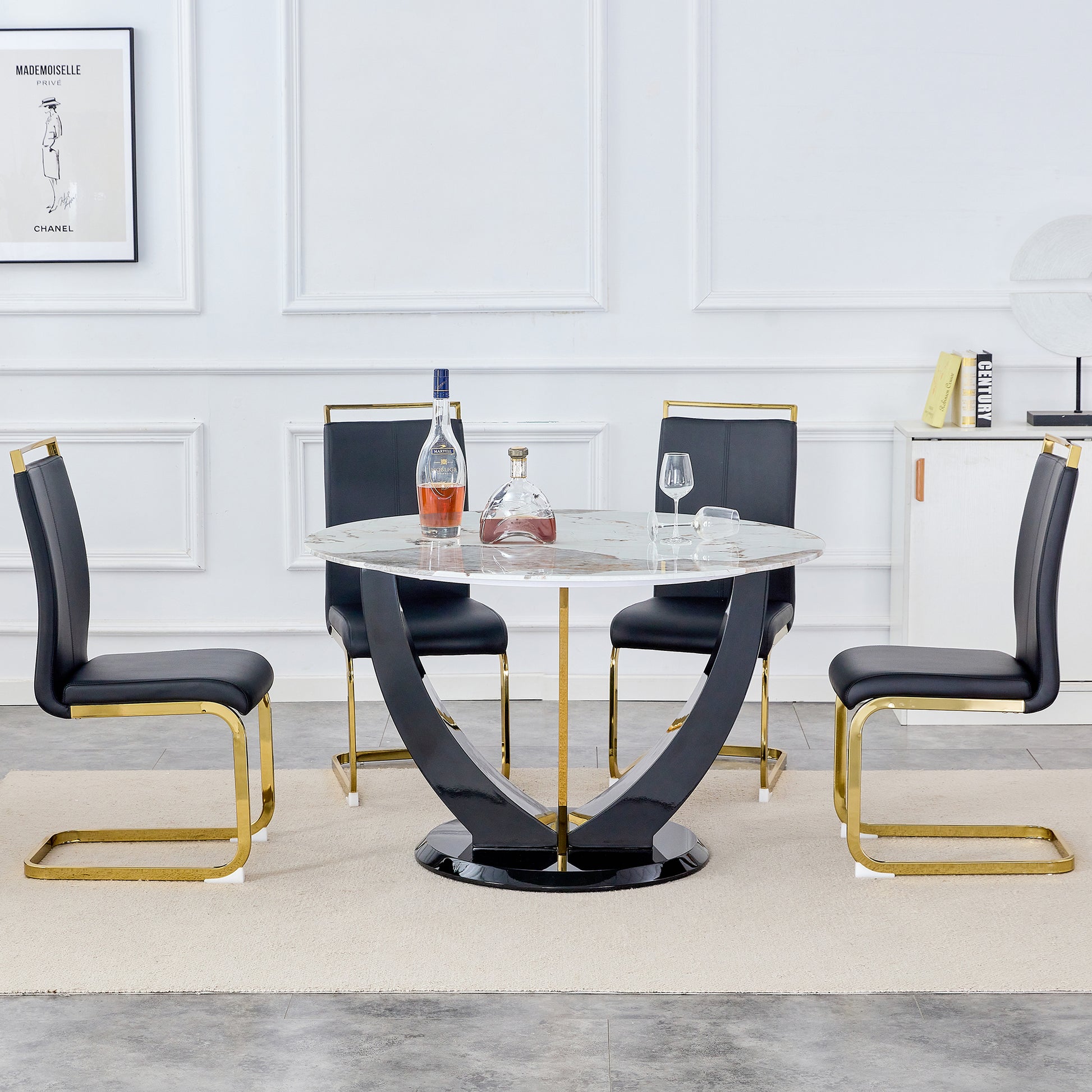 Table And Chair Set. 1 Table And 4 Chairs. Round Pandora Style Stone Burning Tabletop With Black Mdf Legs. Paired With 4 Chairs With Pu Black Cushions And Golden Legs.908 1162 White Sintered Stone