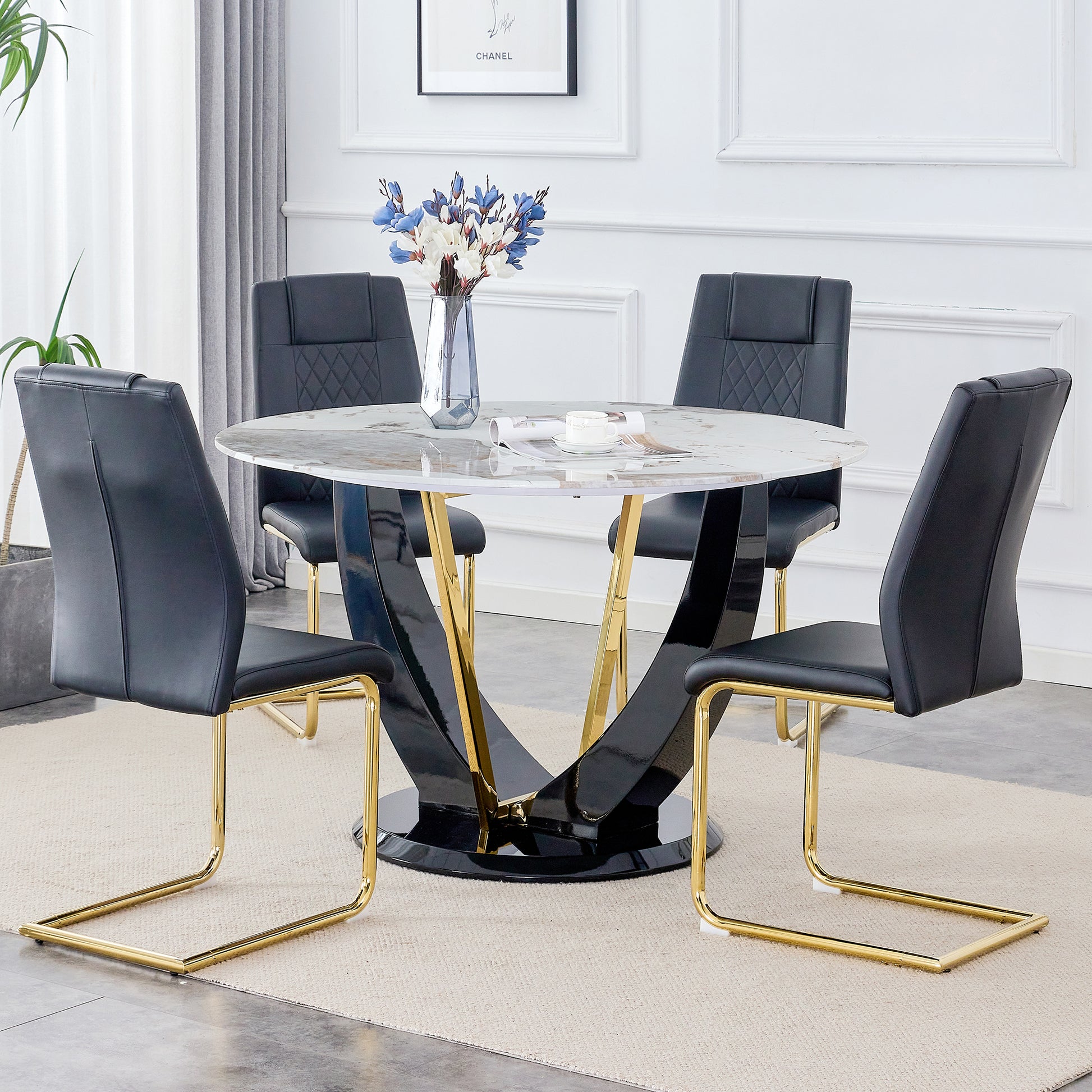 Table And Chair Set. 1 Table And 4 Chairs. Round Pandora Style Stone Burning Tabletop With Black Mdf Legs. Paired With 4 Chairs With Pu Black Cushions And Golden Legs.908 001 White Sintered Stone