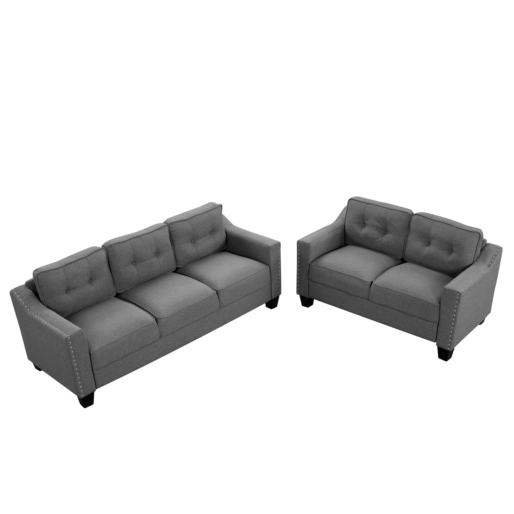 3 Piece Living Room Set With Tufted Cushions. Gray Linen