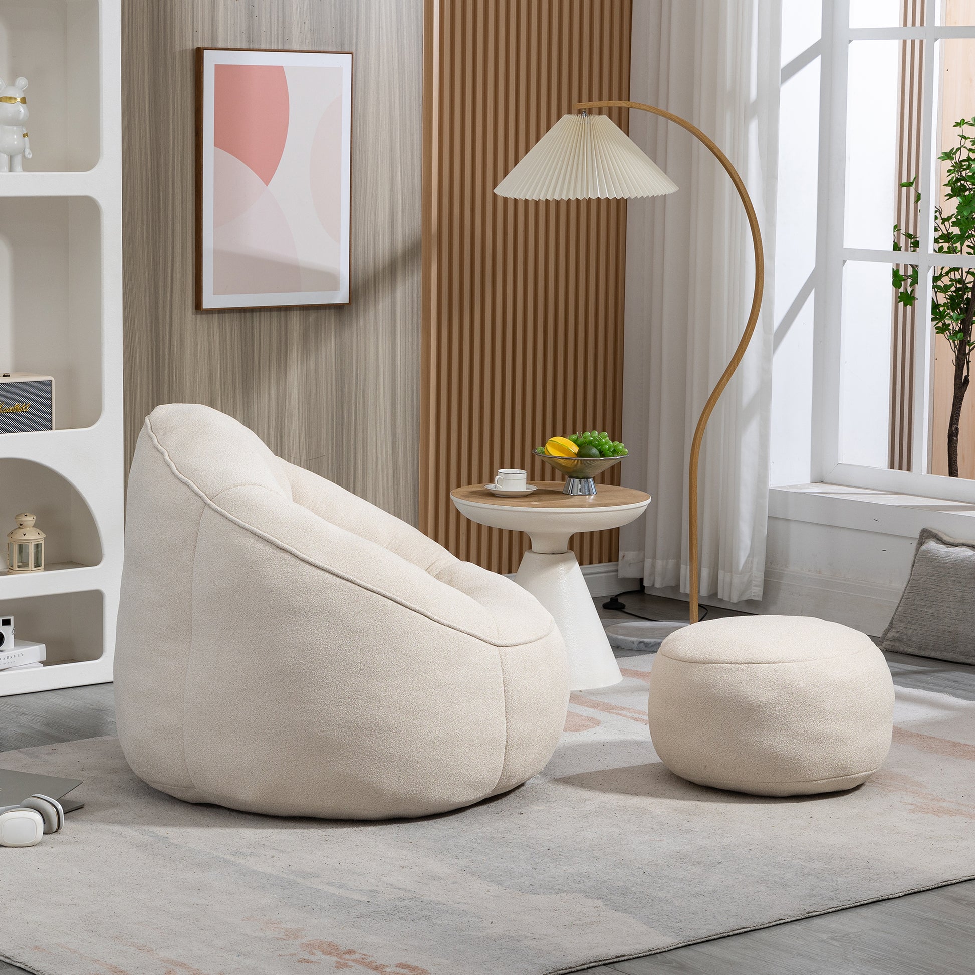 Bedding Bean Bag Sofa Chair High Pressure Foam Bean Bag Chair Adult Material With Padded Foam Padding Compressed Bean Bag With Footrest Beige Microfiber