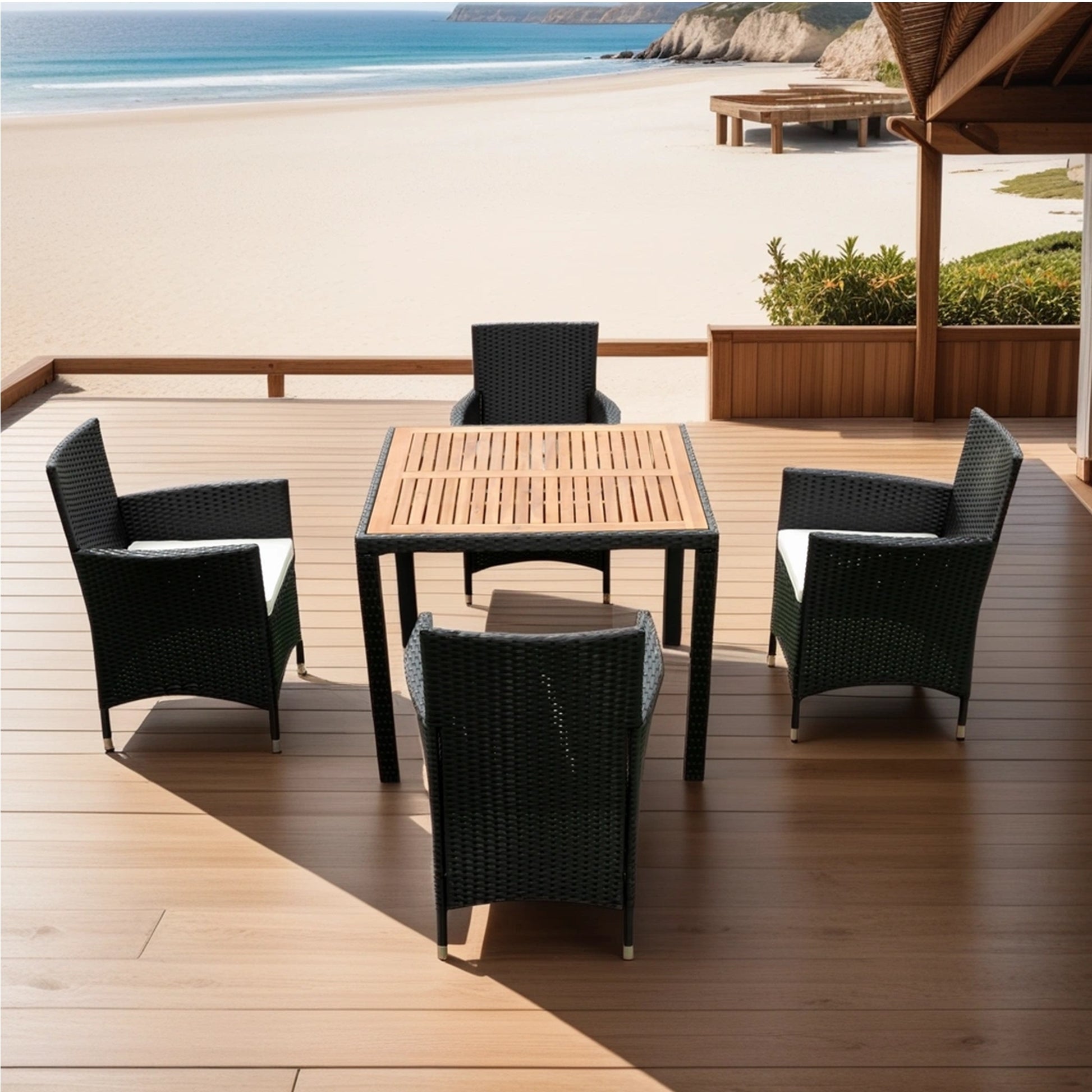 5 Piece Outdoor Patio Wicker Dining Set Patio Wicker Furniture Dining Set W Acacia Wood Top Black Wicker Creme Cushion Yes Dining Set Black Cream Rust Resistant Frame Mildew Resistant Cushion Garden & Outdoor Modern Multiple Chairs Seating Group Fiber