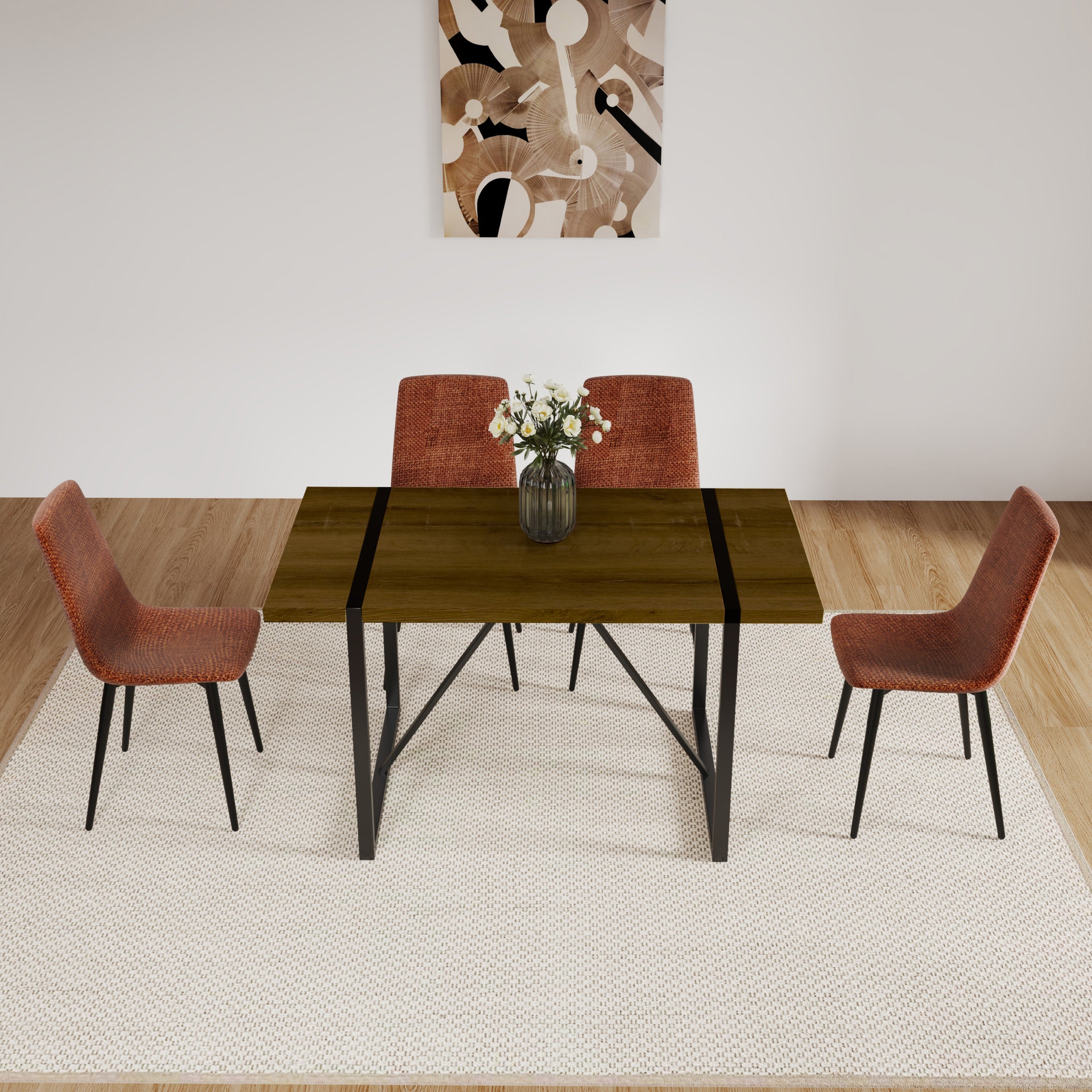 Mdf Caramel Dining Table And Modern Dining Chairs Set Of 4, Mid Centur