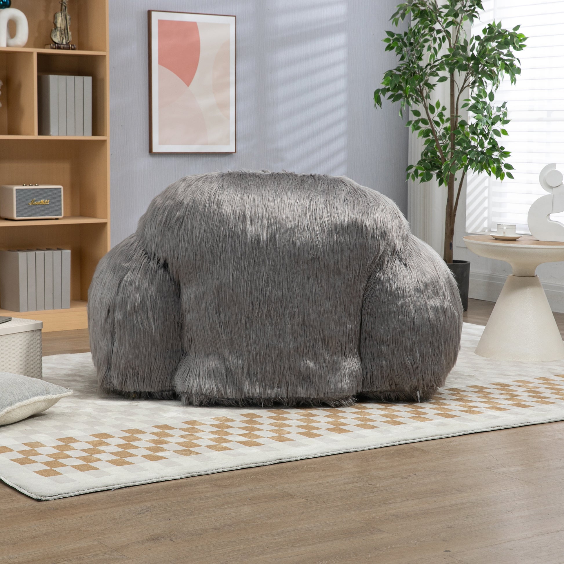 Bean Bag Chair Lazy Long Hair Sofa Bean Bag Chair Adult, Teen High Density Foam Filled Modern Focus Chair Comfortable Living Room, Bedroom Chair Grey Faux Fur