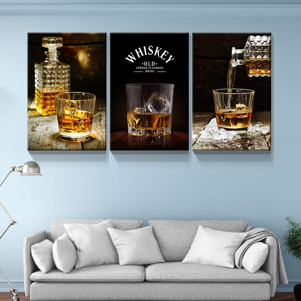 3 Panels Framed Canvas Whiskey Wall Art Decor,3 Pieces Mordern Canvas Painting Decoration Painting For Chrismas Gift, Office,Dining Room,Living Room, Bathroom, Bedroom Decor Ready To Hang Rectangle