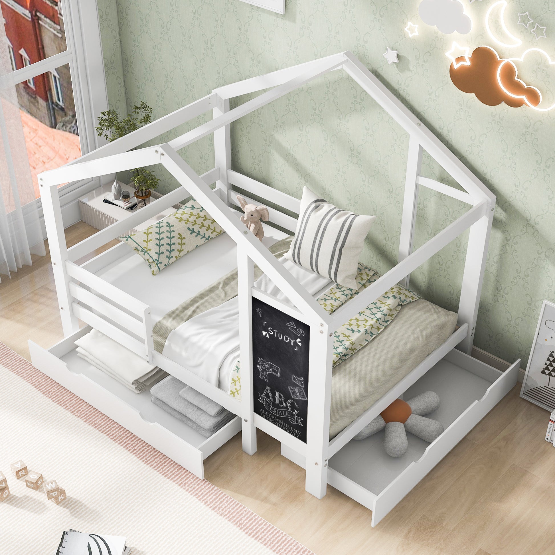 Full House Bed With Blackboard And Drawers, Two Assembly Options, White Full White Wood