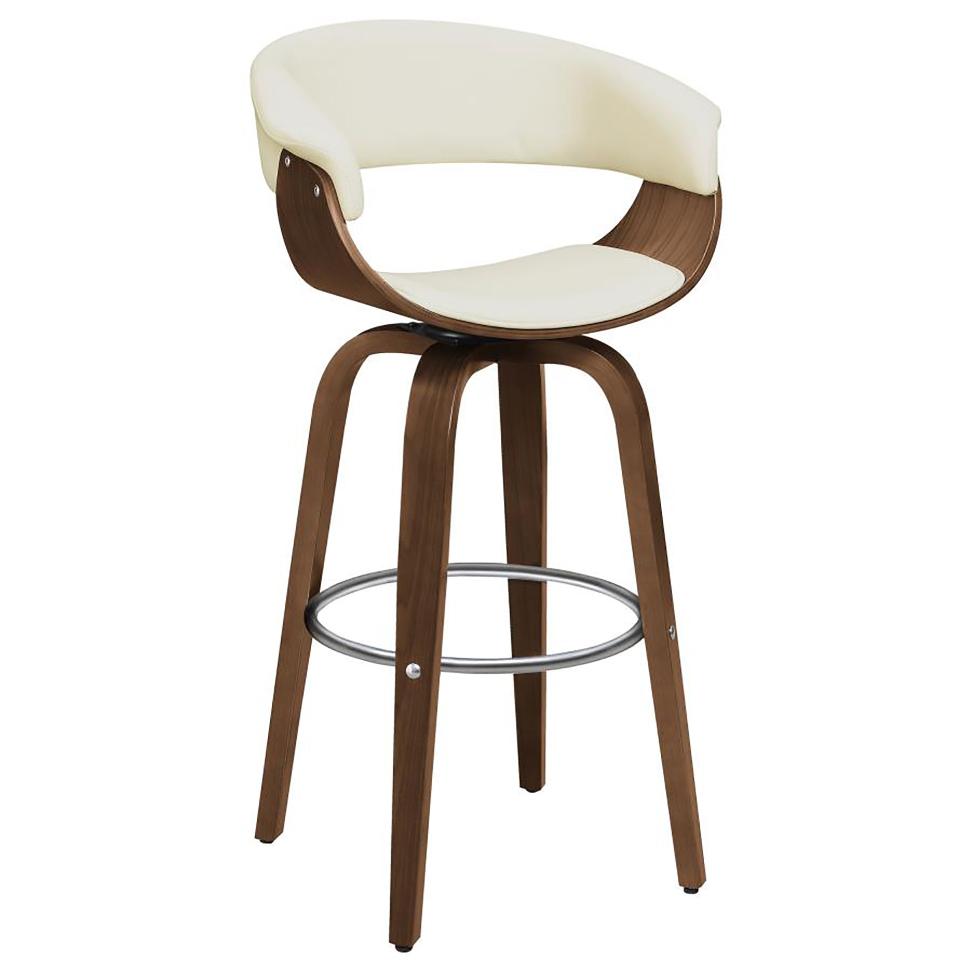 Walnut And Ecru Swivel Bar Stool Solid Cream Brown Dining Room Foam Spot Clean Mid Century Modern Bar Stools Walnut Open Back Foam Faux Leather