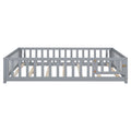 Full Size Floor Platform Bed With Fence And Door For Kids, Montessori Floor Bed Frame With Support Slats For Toddlers, Wooden Floor Bed Grey Grey Plywood