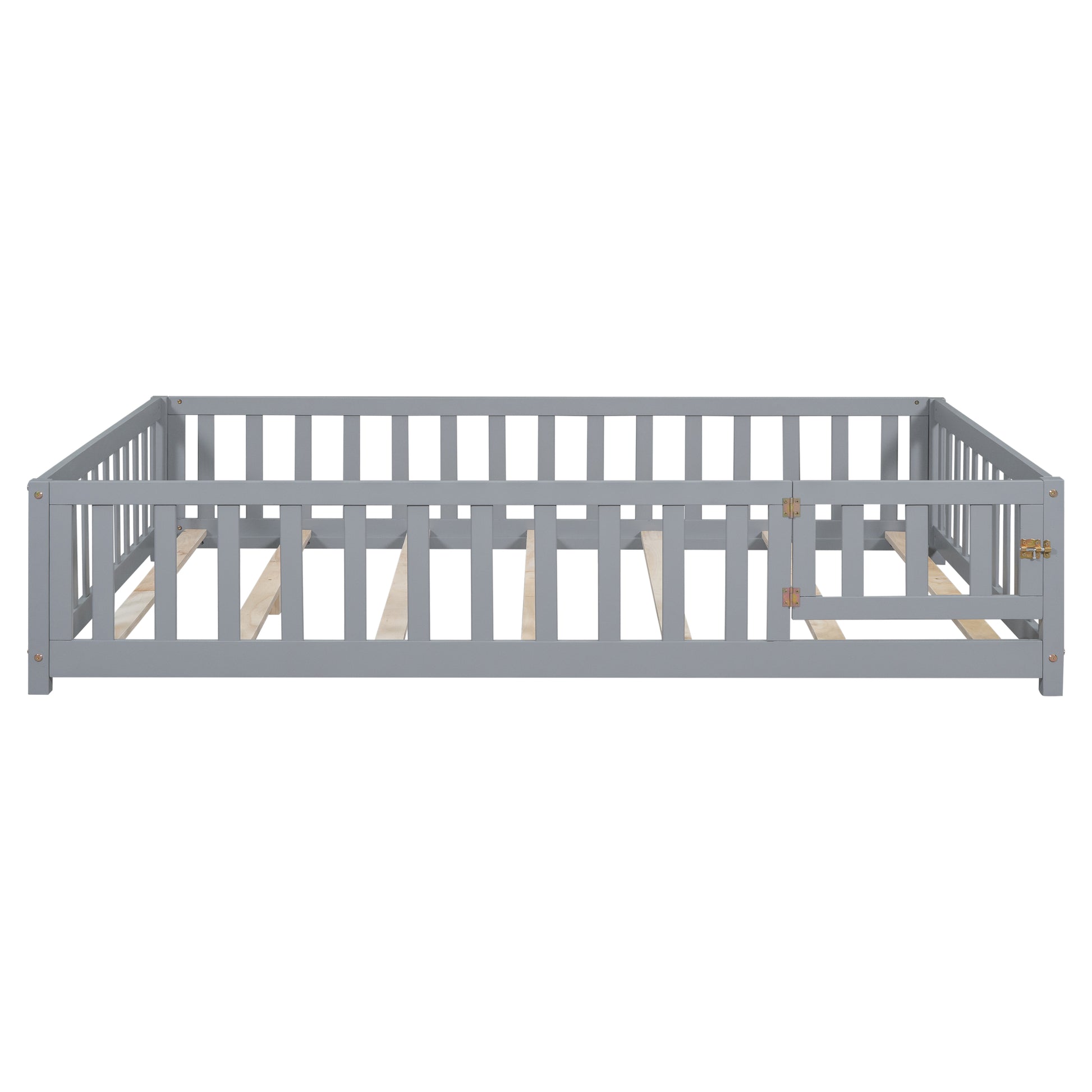 Full Size Floor Platform Bed With Fence And Door For Kids, Montessori Floor Bed Frame With Support Slats For Toddlers, Wooden Floor Bed Grey Grey Plywood