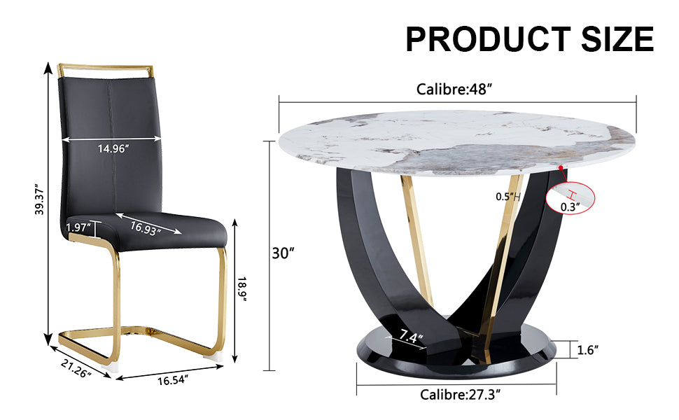 Table And Chair Set. 1 Table And 4 Chairs. Round Pandora Style Stone Burning Tabletop With Black Mdf Legs. Paired With 4 Chairs With Pu Black Cushions And Golden Legs.908 1162 White Sintered Stone