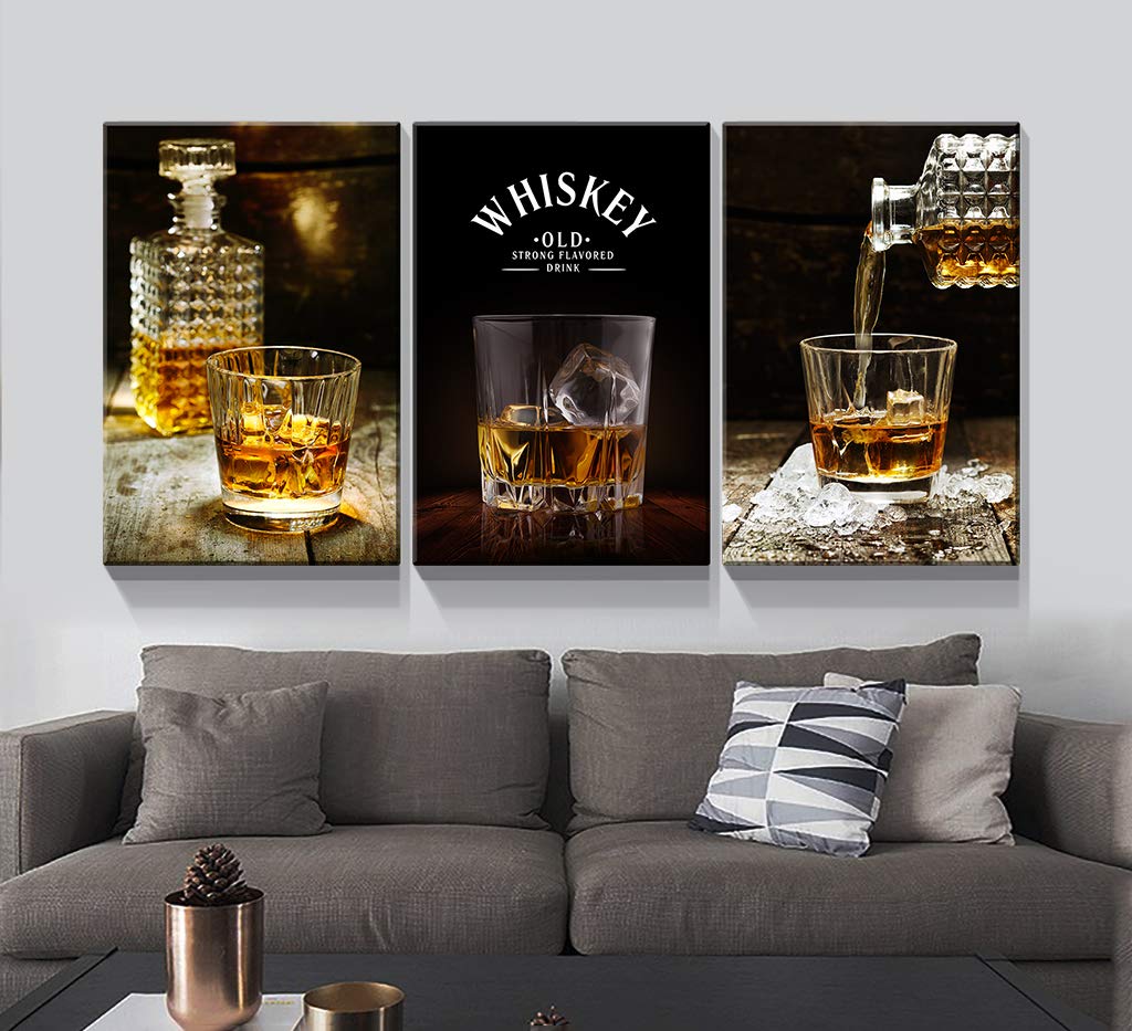 3 Panels Framed Canvas Whiskey Wall Art Decor,3 Pieces Mordern Canvas Painting Decoration Painting For Chrismas Gift, Office,Dining Room,Living Room, Bathroom, Bedroom Decor Ready To Hang Rectangle