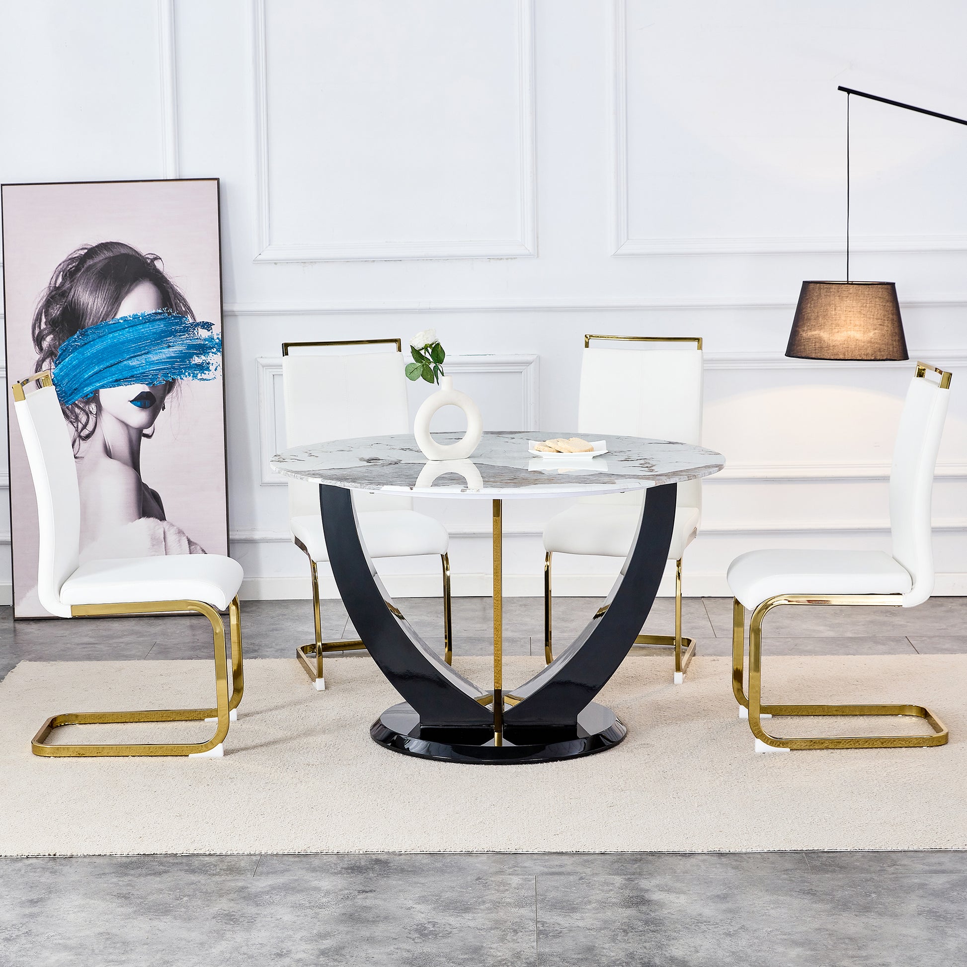 Table And Chair Set. 1 Table And 4 Chairs. Round Pandora Style Stone Burning Tabletop With Black Mdf Legs. Paired With 4 Chairs With Pu White Cushions And Golden Legs.908 1162 White Sintered Stone