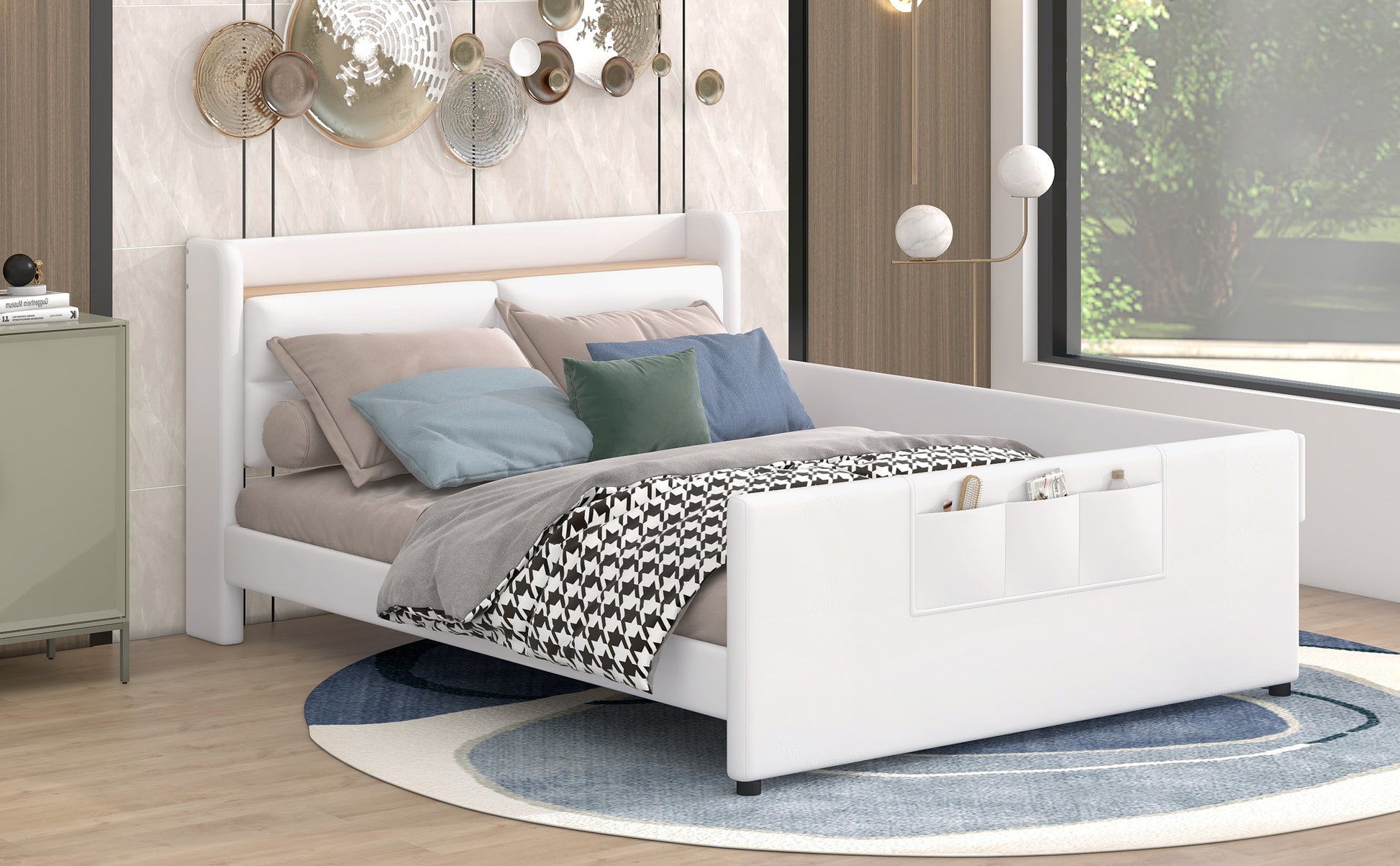 Full Size Upholstered Platform Bed With Guardrail, Storage Headboard And Footboard, Beige Box Spring Not Required Full Beige Wood Faux Leather Upholstered