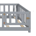 Full Size Floor Platform Bed With Fence And Door For Kids, Montessori Floor Bed Frame With Support Slats For Toddlers, Wooden Floor Bed Grey Grey Plywood