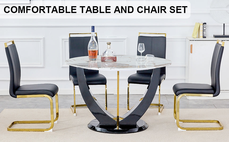 Table And Chair Set. 1 Table And 4 Chairs. Round Pandora Style Stone Burning Tabletop With Black Mdf Legs. Paired With 4 Chairs With Pu Black Cushions And Golden Legs.908 1162 White Sintered Stone