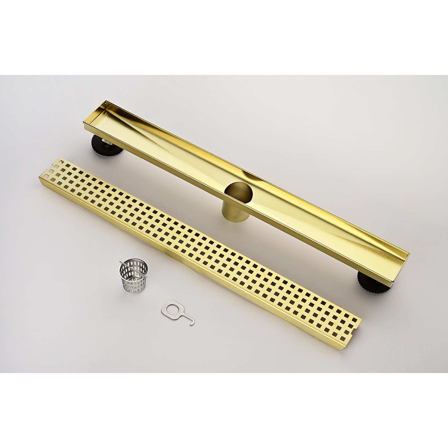 24 Inches Linear Shower Drain, Included Hair Strainer And Leveling Feet Brushed Gold Stainless Steel