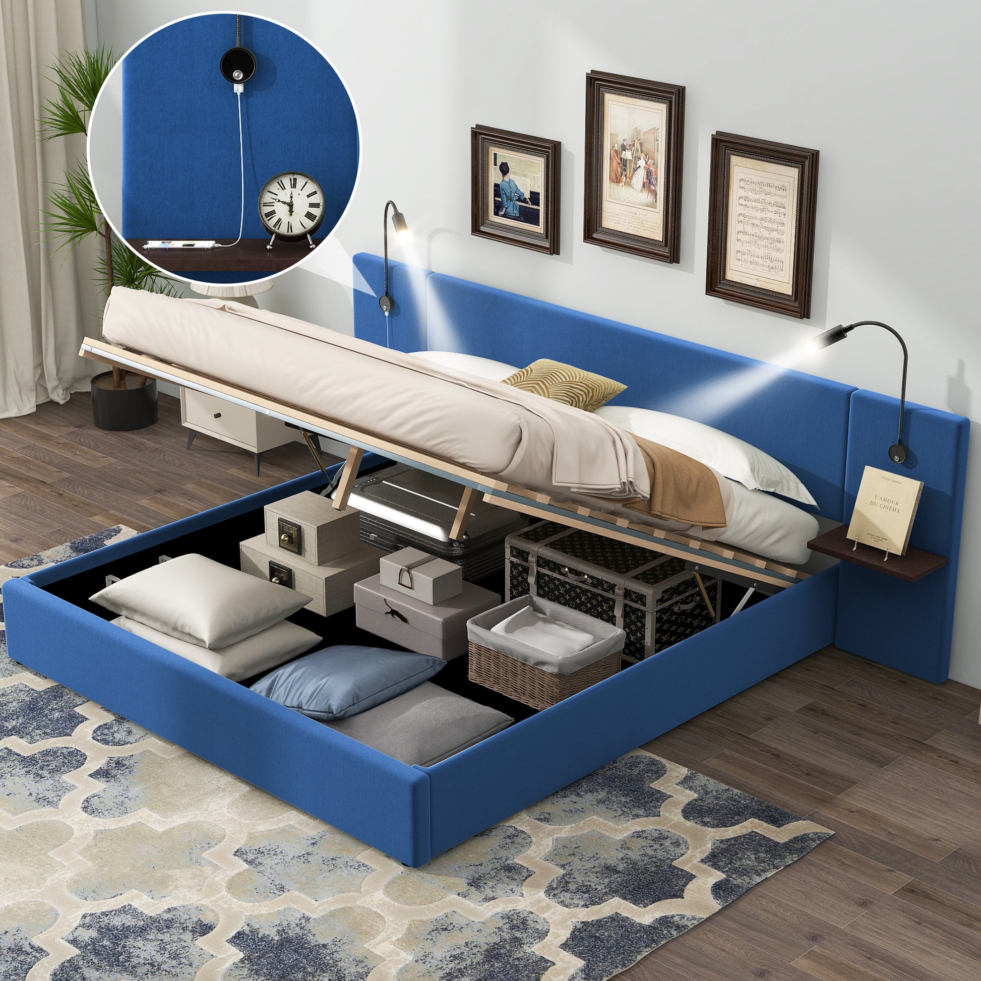 Queen Size Storage Upholstered Hydraulic Platform Bed With 2 Shelves, 2 Lights And Usb, Blue Box Spring Not Required Queen Blue Wood Bedroom Bed Frame Velvet Upholstered