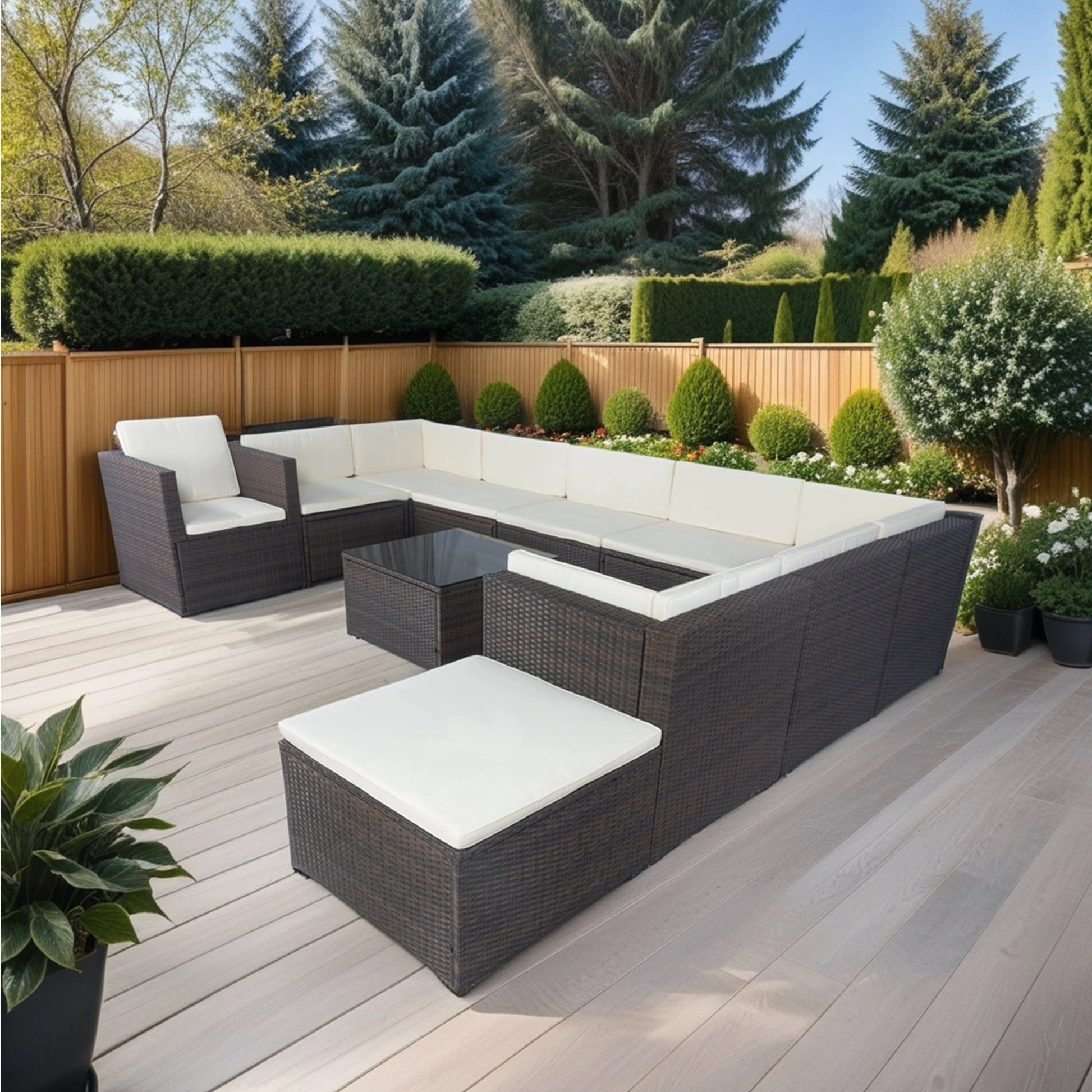 11 Piece Patio Wicker Conversation Set, 10 Seater Patio Sectional Set With 3 Storage Box Under Seat Brown Wicker White Cushion Yes Complete Patio Set Brown Rust Resistant Frame Mildew Resistant Cushion Garden & Outdoor Modern Complete Patio Sets Fiber