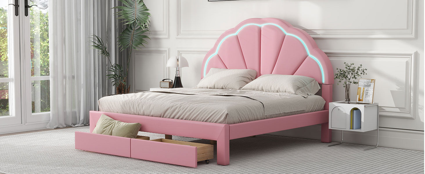 Queen Size Upholstered Platform Bed With Seashell Shaped Headboard, Led And 2 Drawers, Pink Box Spring Not Required Queen Pink Wood Bedroom Bed Frame Faux Leather Upholstered