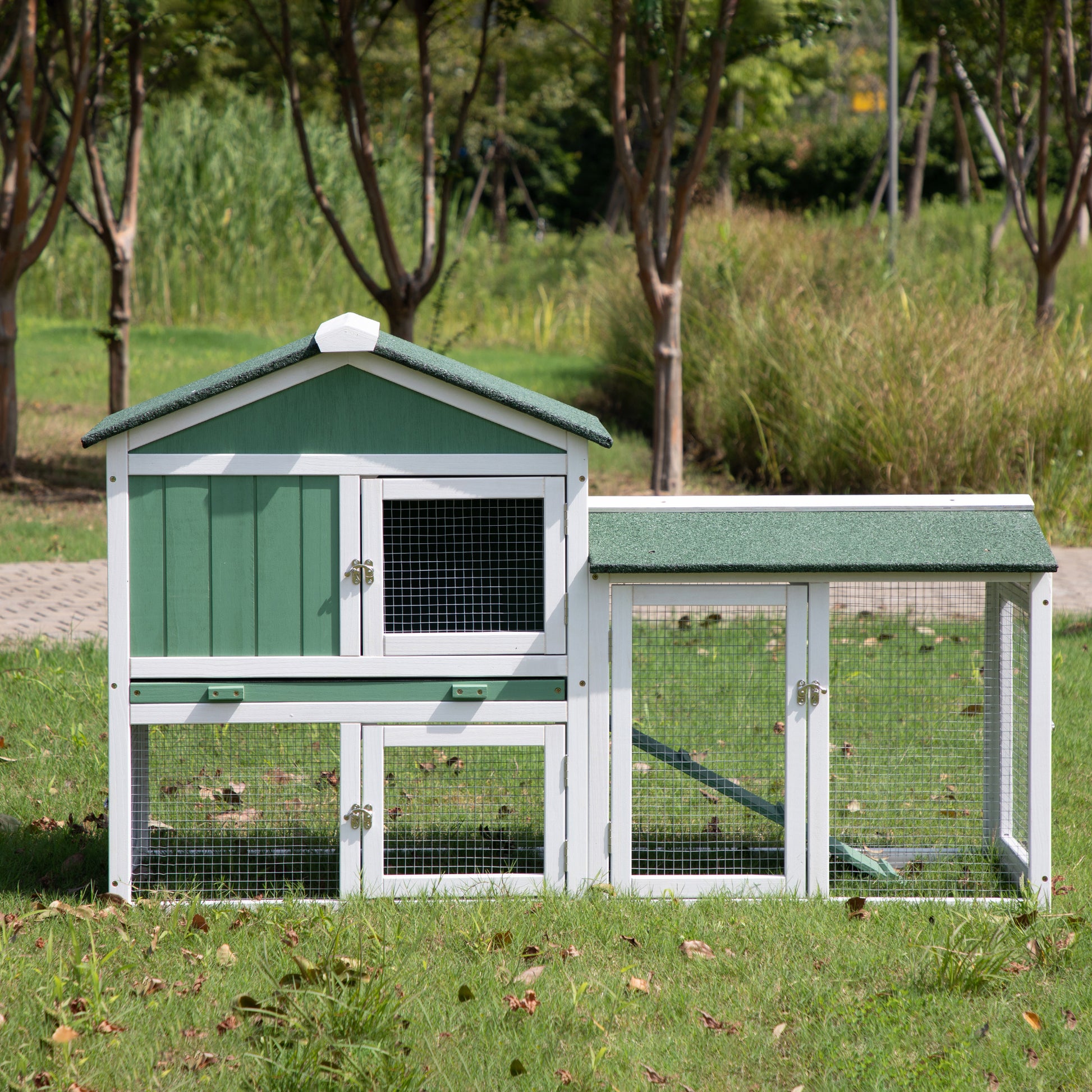 Large Wooden Rabbit Hutch Indoor And Outdoor Bunny Cage With A Removable Tray And A Waterproof Roof, Grey Green White Green Wood