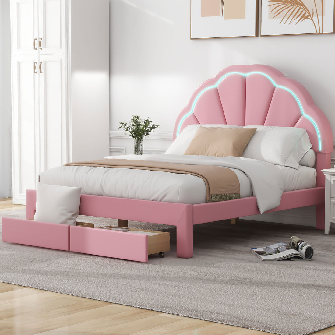 Full Size Upholstered Platform Bed With Seashell Shaped Headboard, Led And 2 Drawers, Pink Box Spring Not Required Full Pink Wood Bedroom Bed Frame Faux Leather Upholstered