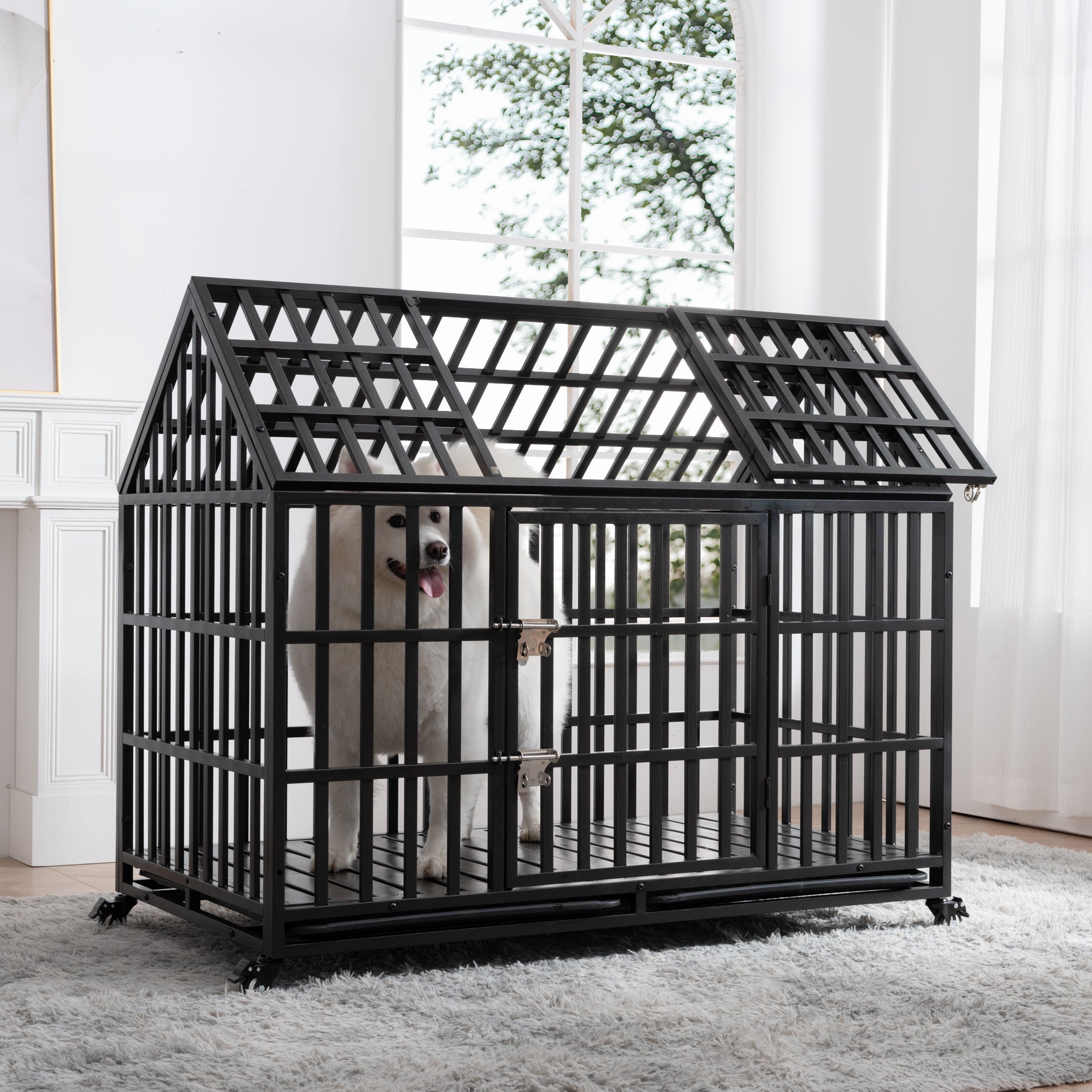 52" Heavy Duty Dog Crate Large Dog Cage Strong Metal Dog Kennels And Crates For Large Dogs With 4 Lockable Wheels Black Carbon Steel