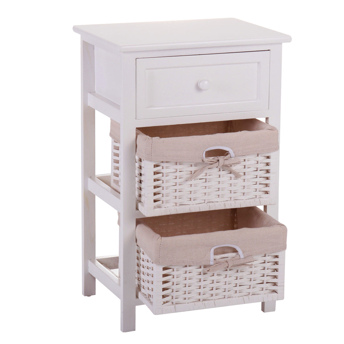 One Drawer Nightstand With Two Removable Baskets, Storage Bedside Table, Modern End Table With Tall Legs, Indoors, White White Solid Wood Mdf