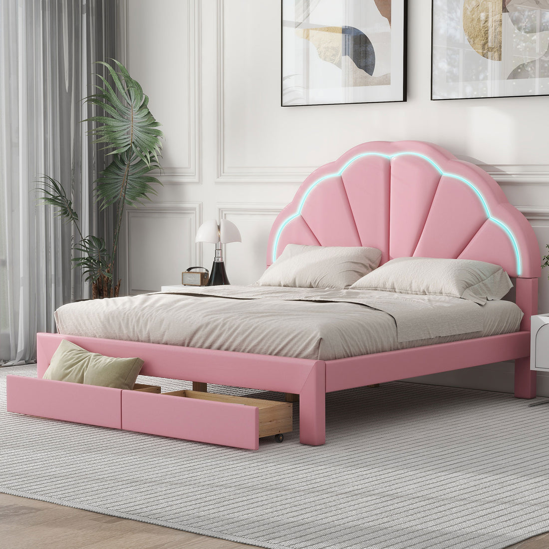 Queen Size Upholstered Platform Bed With Seashell Shaped Headboard, Led And 2 Drawers, Pink Box Spring Not Required Queen Pink Wood Bedroom Bed Frame Faux Leather Upholstered