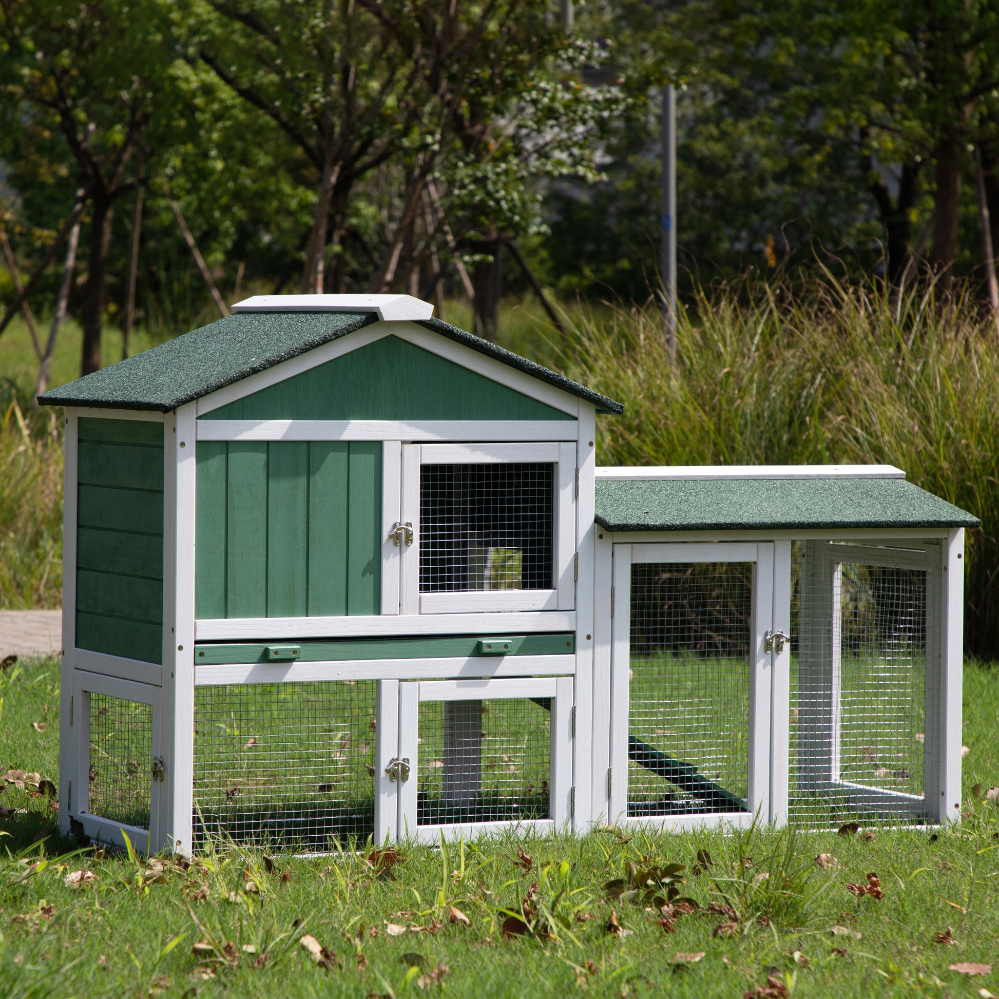 Large Wooden Rabbit Hutch Indoor And Outdoor Bunny Cage With A Removable Tray And A Waterproof Roof, Grey Green White Green Wood