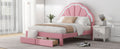 Full Size Upholstered Platform Bed With Seashell Shaped Headboard, Led And 2 Drawers, Pink Box Spring Not Required Full Pink Wood Bedroom Bed Frame Faux Leather Upholstered