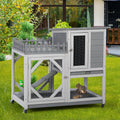 Large Rabbit Hutch, Wooden Bunny Cage With Casters, Fence, Trays, Water Bottle, Indoor And Outdoor Animal House For Rest And Run, Easy Clean, Gray Gray Pine